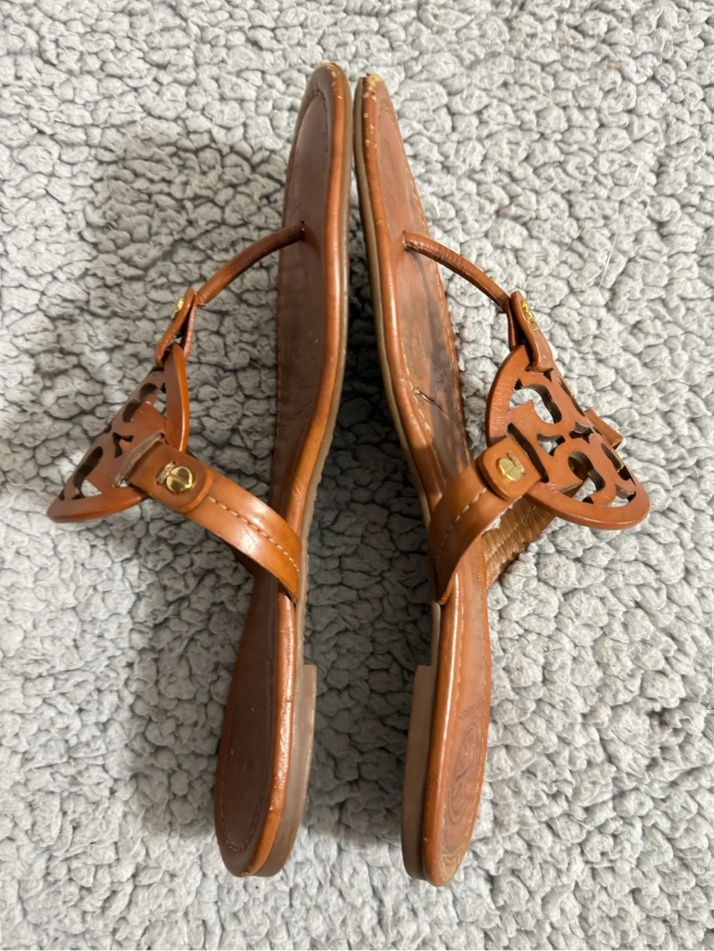 Tory Burch Miller Sandals 8.5 Brown Leather Slides Thong Medallion